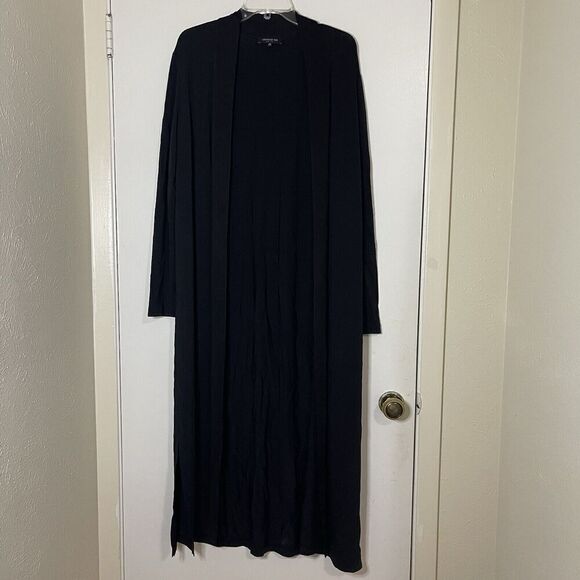 Lafayette 148 Black long knit open front duster cardigan size medium sheer trim - Picture 1 of 6